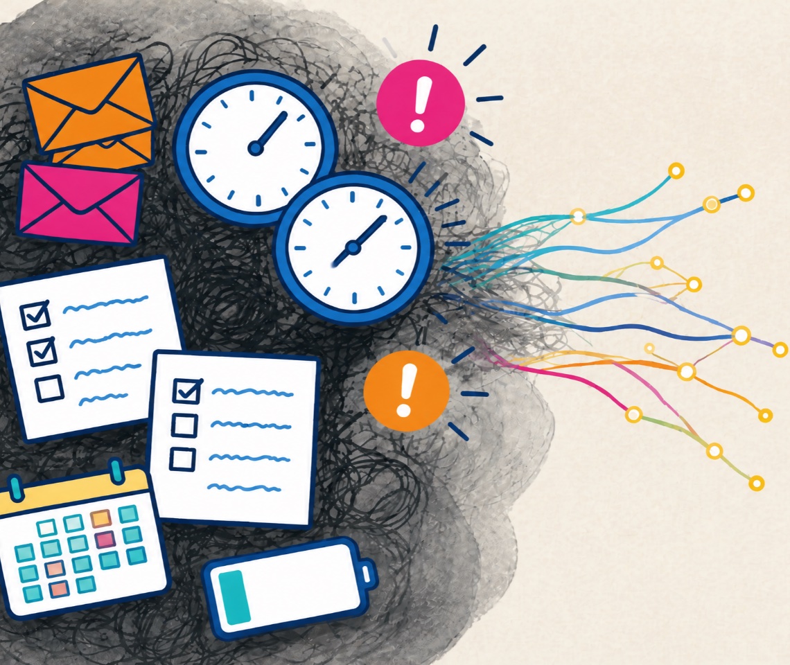 Illustration of emails, clocks, to-do lists and a low battery tangled in a dark scribble, with colourful threads untangling to the right